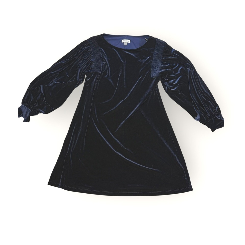 Calvin Klein Navy Blue Velvet Puff Sleeve A-Line Dress Size 12